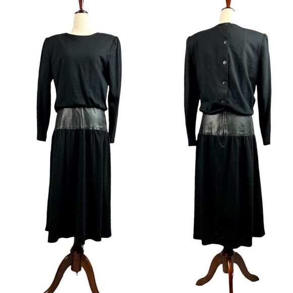 Vintage 80s Samuel Blue Jersey Wool Dress Leather Trimmed Waist Made in USA - Picture 1 of 12